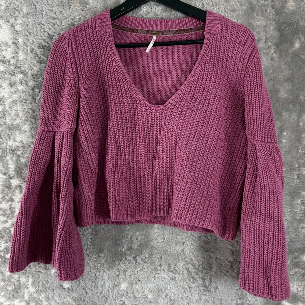Free People Size XS Bell Sleeve V Neck Knit Sweater Pink Purple‎ Long Sleeve